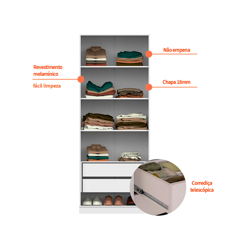 Guarda-Roupa Modulado com Cabideiro e Prateleiras Tuyo 4 Portas Articuladas 4 Gavetas Branco 180 cm