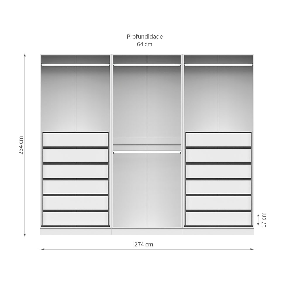 Guarda-Roupa Modulado com Cabideiros Tuyo 3 PT Correr 12 GV Branco 274 cm