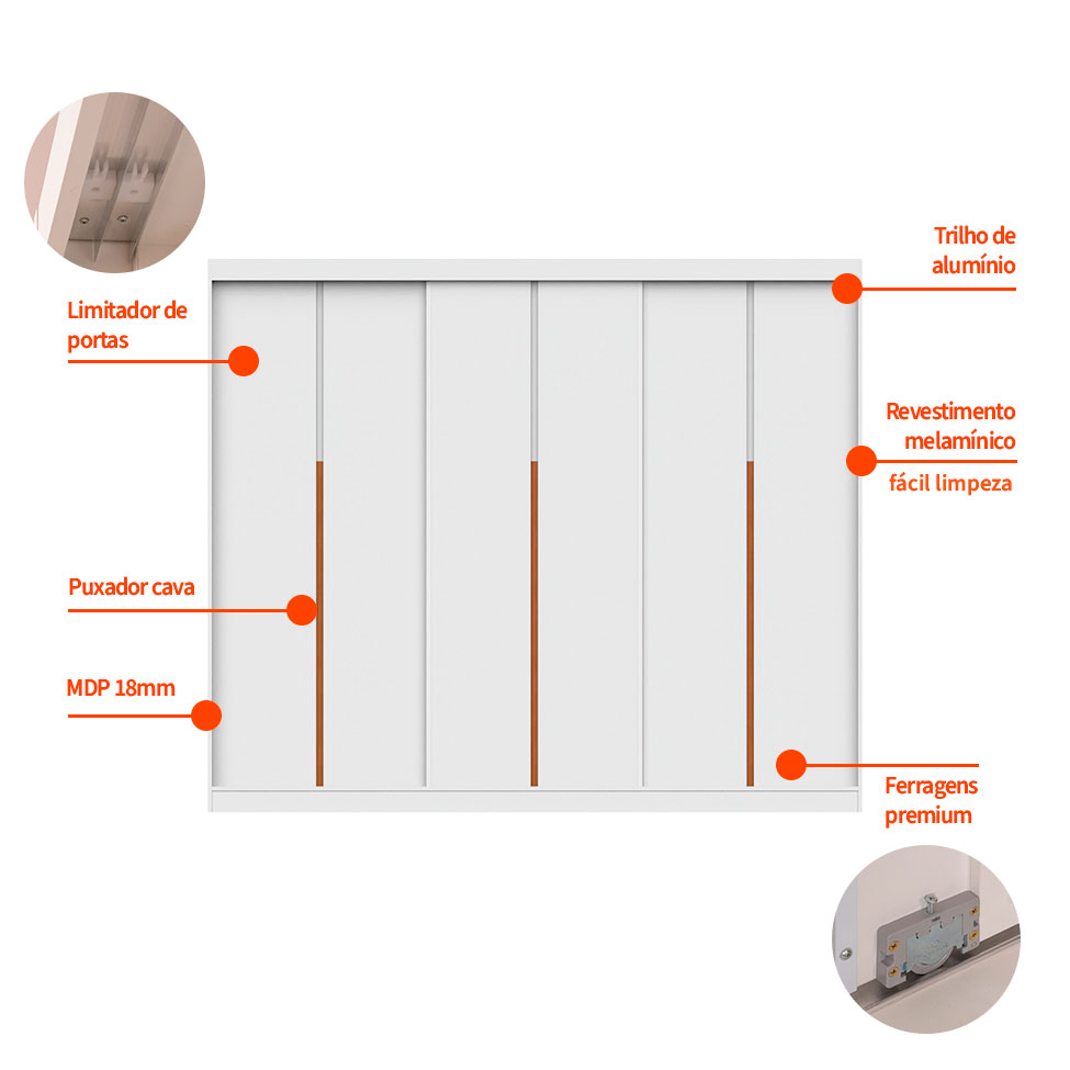 Guarda-Roupa Modulado com Cabideiros Tuyo 3 PT Correr 12 GV Branco 274 cm