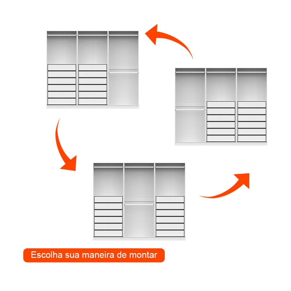 Guarda-Roupa Modulado com Cabideiros Tuyo 3 Portas Correr 12 Gavetas Branco 274 cm