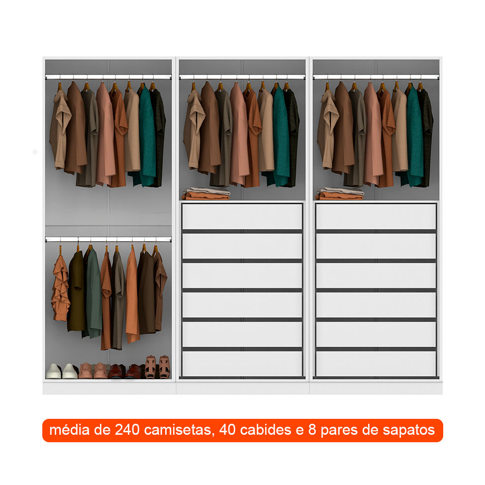 Guarda-Roupa Modulado com Cabideiros Tuyo 3 Portas Correr 12 Gavetas Branco 274 cm