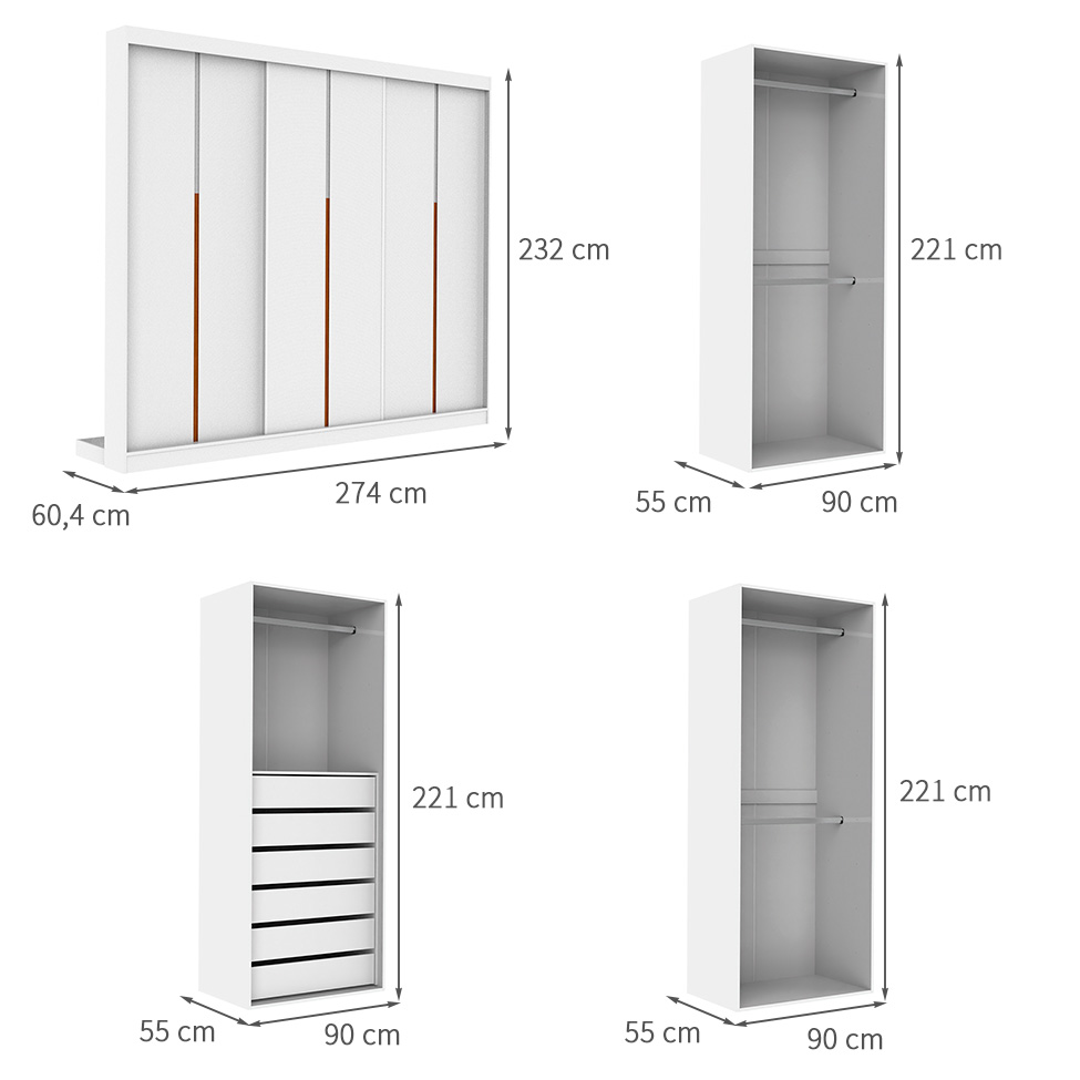 Guarda-Roupa Modulado com Cabideiros Tuyo 3 Portas Correr 6 Gavetas Branco 274 cm