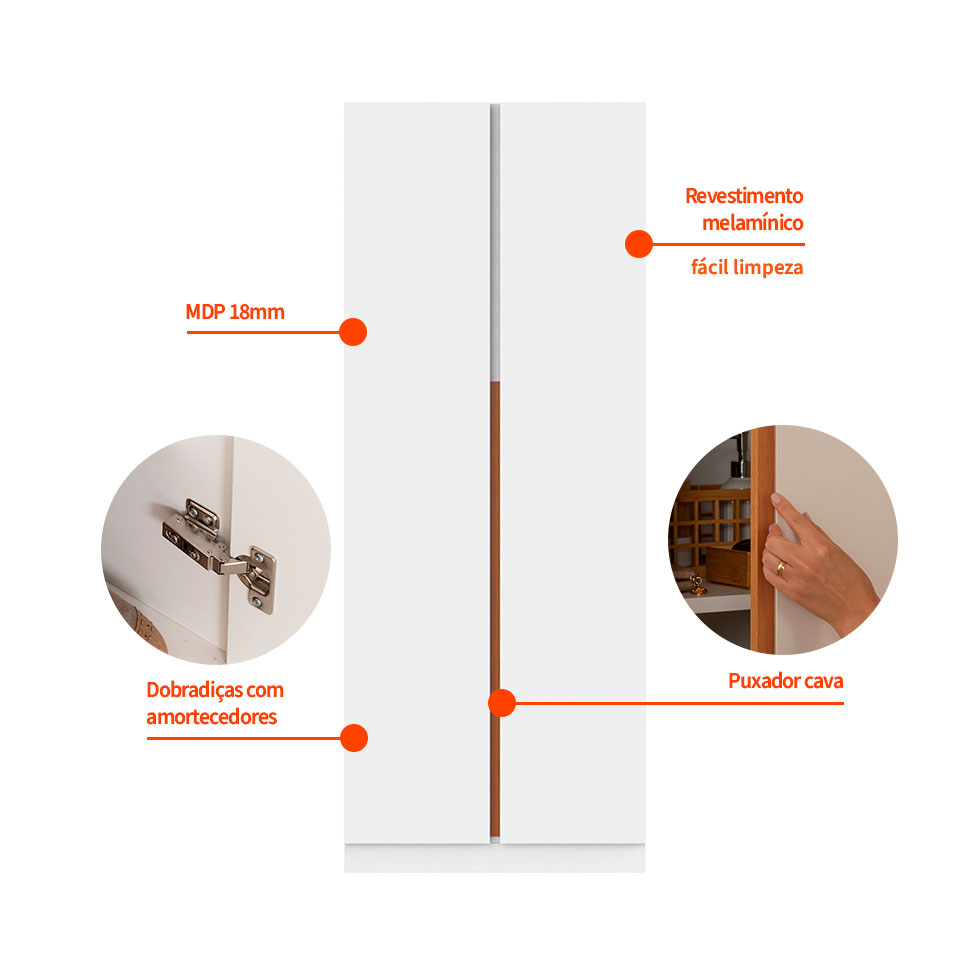 Guarda-Roupa Modulado com Cabideiros Tuyo 4 PT Articuladas 6 GV Branco 180 cm
