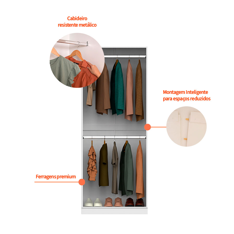Guarda-Roupa Modulado com Cabideiros Tuyo 4 PT Articuladas 6 GV Branco 180 cm