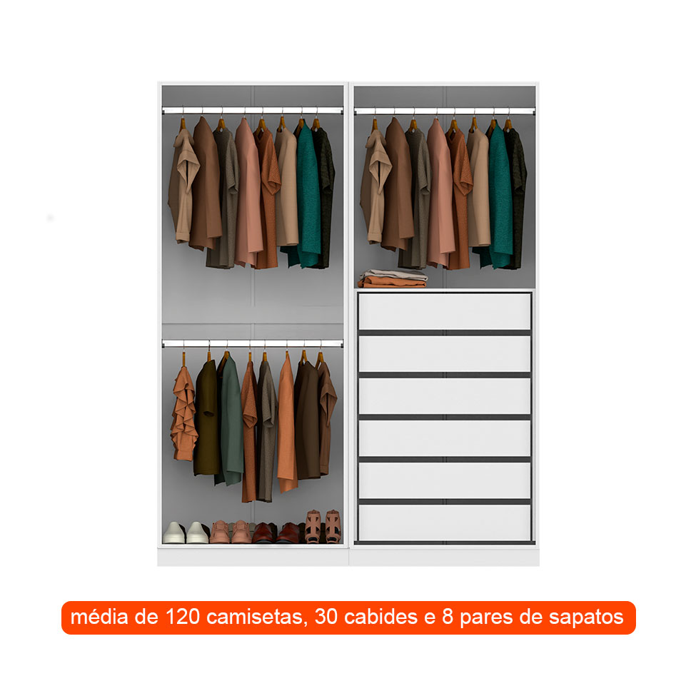 Guarda-Roupa Modulado com Cabideiros Tuyo 4 PT Articuladas 6 GV Branco 180 cm