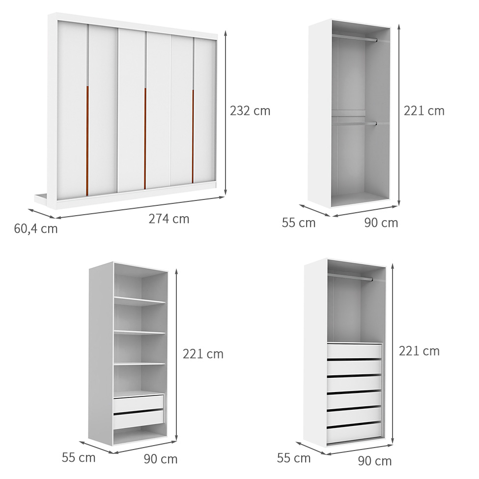 Guarda-Roupa Modulado com Cabideiros e Prateleiras Tuyo 3 Portas Correr 8 Gavetas Branco 274 cm