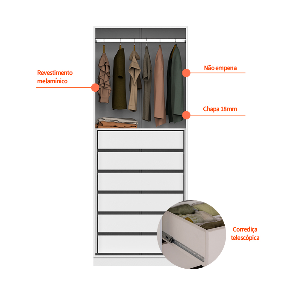 Guarda-Roupa Modulado com Cabideiros e Prateleiras Tuyo 3 Portas Correr 8 Gavetas Branco 274 cm