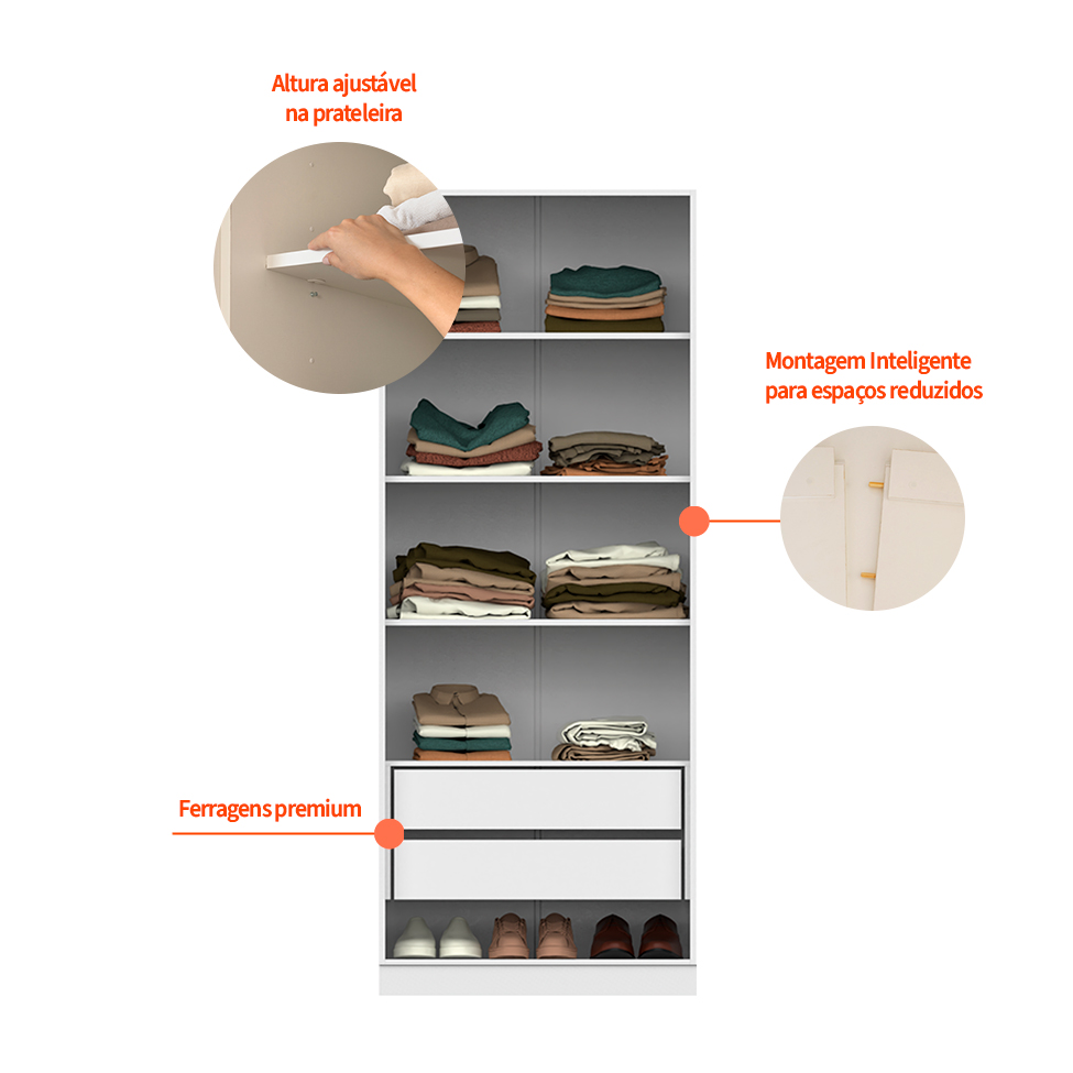 Guarda-Roupa Modulado com Cabideiros e Prateleiras Tuyo 3 Portas Correr 8 Gavetas Branco 274 cm