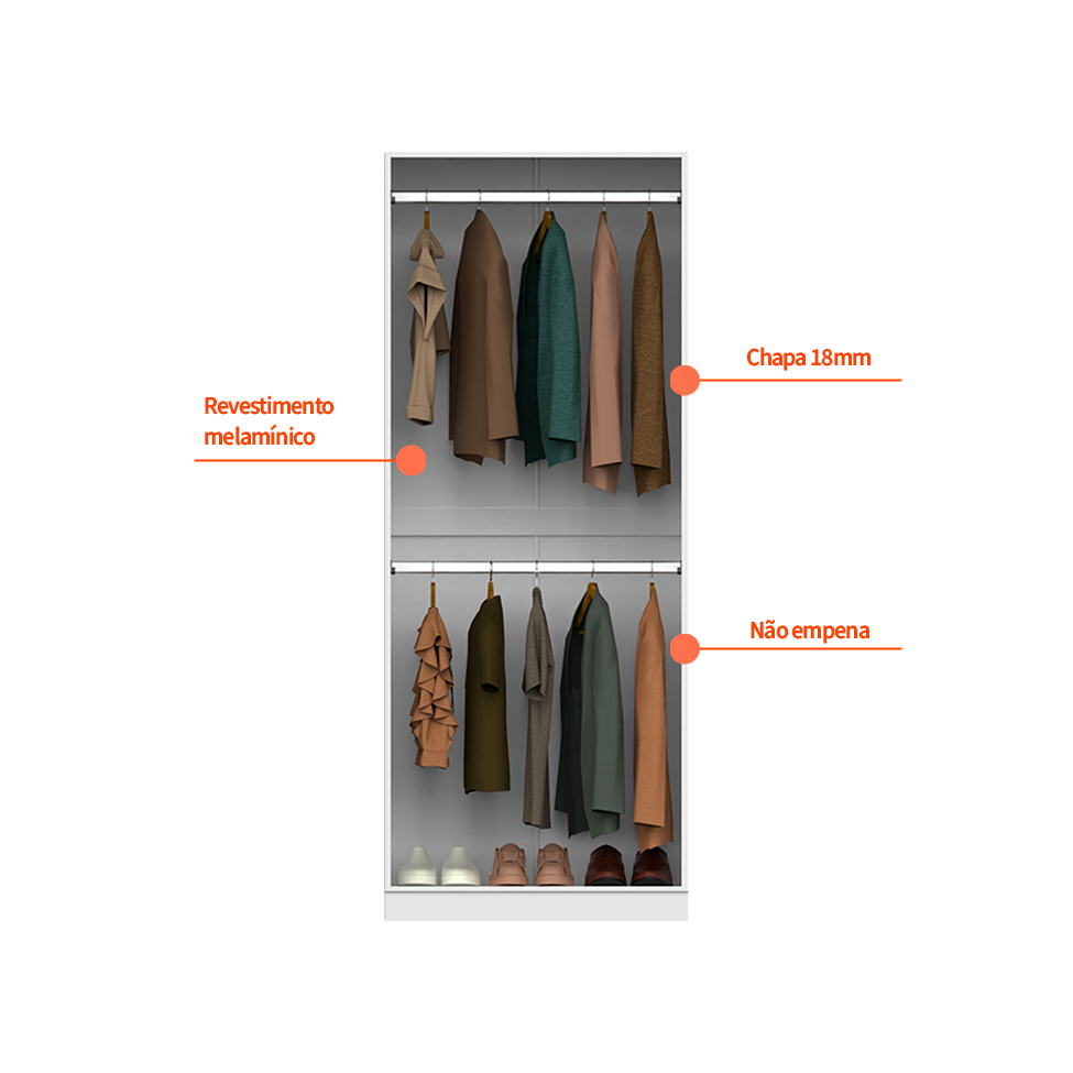 Guarda-Roupa Modulado com Cabideiros e Prateleiras Tuyo 3 Portas Correr 8 Gavetas Branco 274 cm