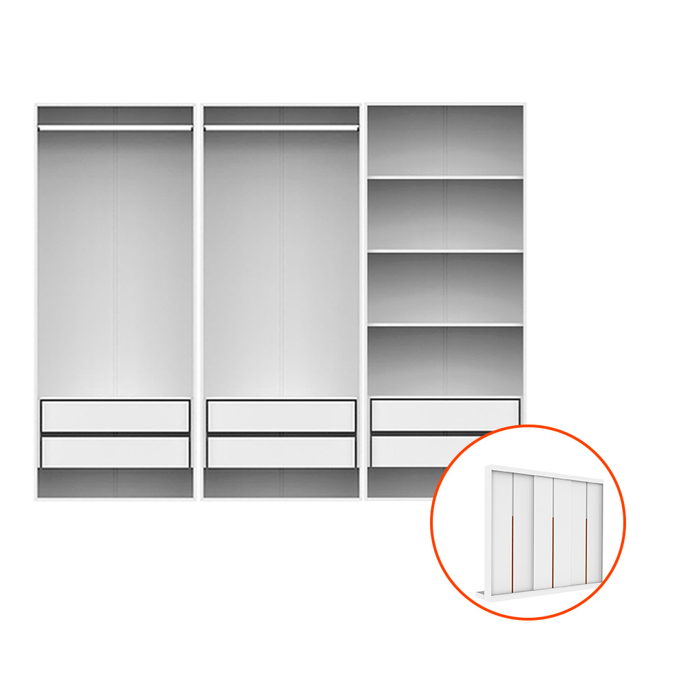 Guarda-Roupa Modulado com Cabideiros e Prateleiras Tuyo 3 Portas de Correr 6 Gavetas Branco 274 cm