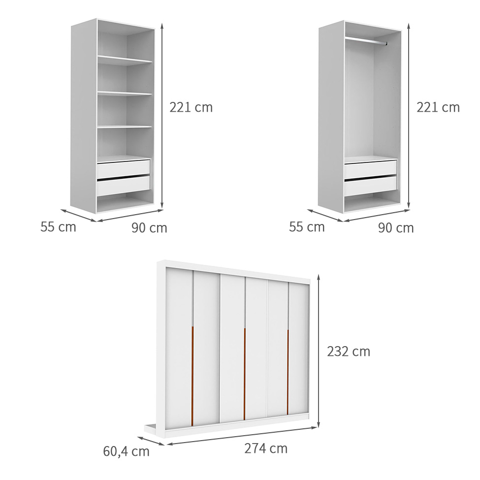 Guarda-Roupa Modulado com Cabideiros e Prateleiras Tuyo 3 Portas de Correr 6 Gavetas Branco 274 cm