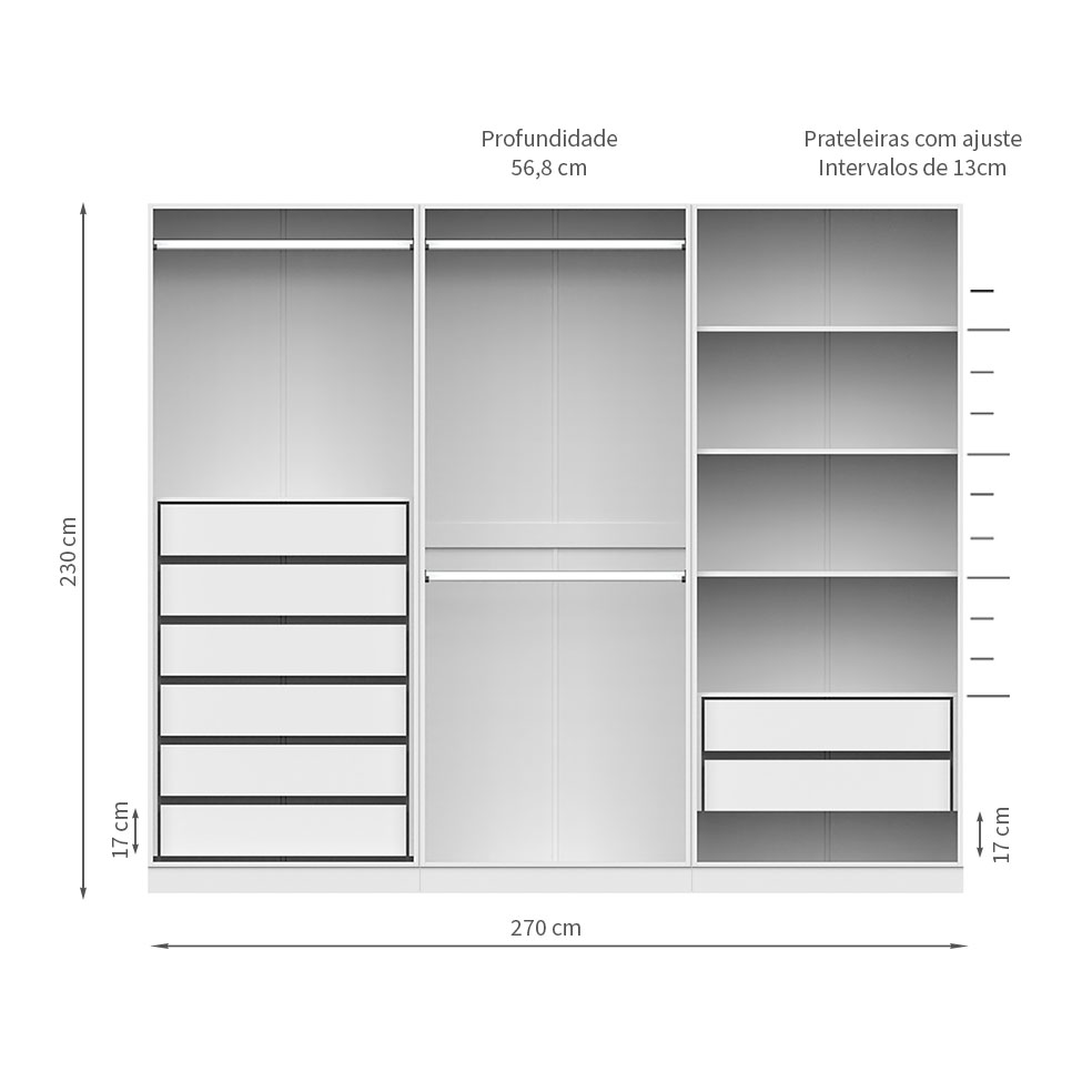 Guarda-Roupa Modulado com Cabideiros e Prateleiras Tuyo 6 Portas Articuladas 8 Gavetas Branco 270 cm