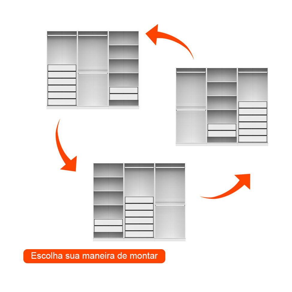 Guarda-Roupa Modulado com Cabideiros e Prateleiras Tuyo 6 Portas Articuladas 8 Gavetas Branco 270 cm