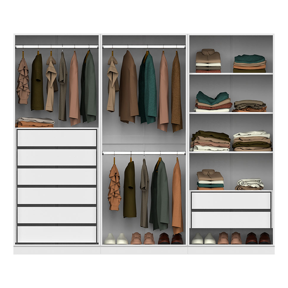 Guarda-Roupa Modulado com Cabideiros e Prateleiras Tuyo 6 Portas Articuladas 8 Gavetas Branco 270 cm