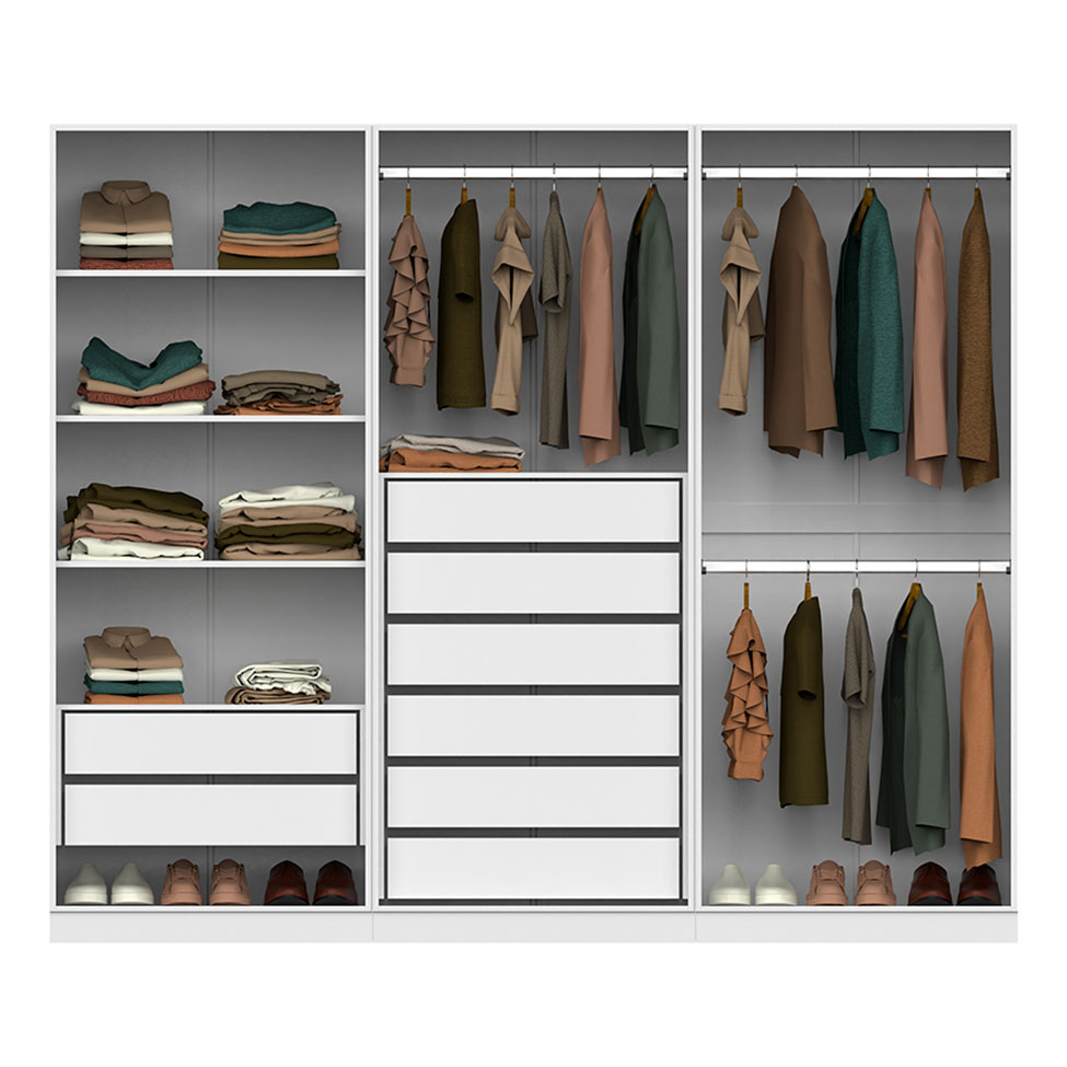 Guarda-Roupa Modulado com Cabideiros e Prateleiras Tuyo 6 Portas Articuladas 8 Gavetas Branco 270 cm