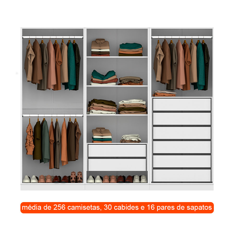Guarda-Roupa Modulado com Cabideiros e Prateleiras Tuyo 6 Portas Articuladas 8 Gavetas Branco 270 cm