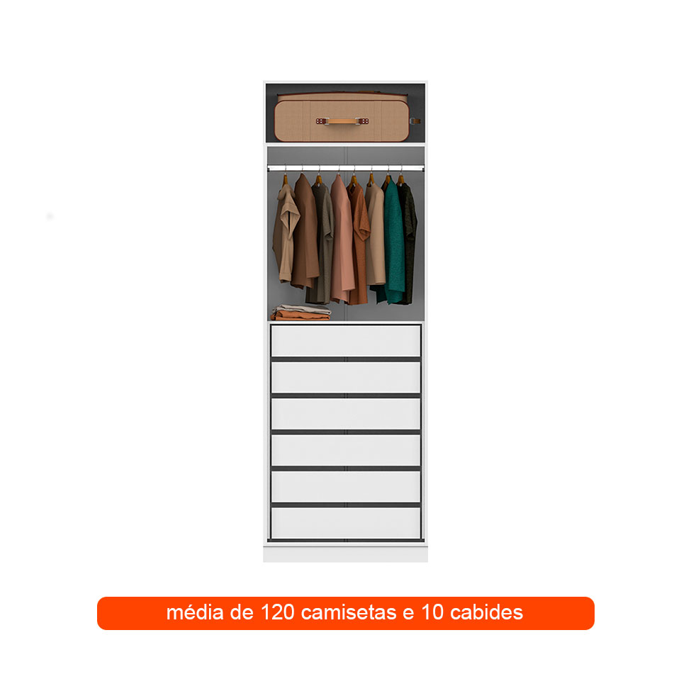 Guarda-Roupa Modulado com Maleiro e Cabideiro Tuyo 2 Portas Articuladas 6 Gavetas Branco 90 cm