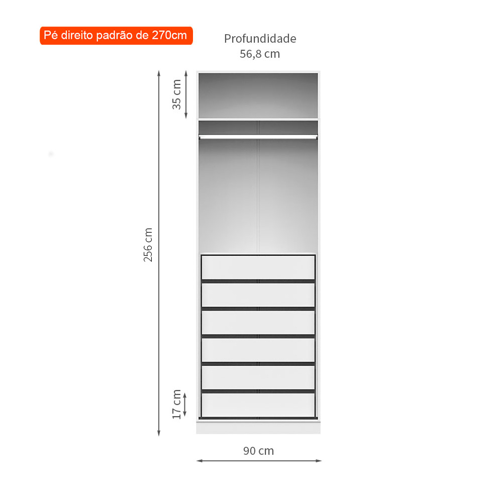 Guarda-Roupa Modulado com Maleiro e Cabideiro Tuyo 2 Portas Articuladas 6 Gavetas Branco 90 cm