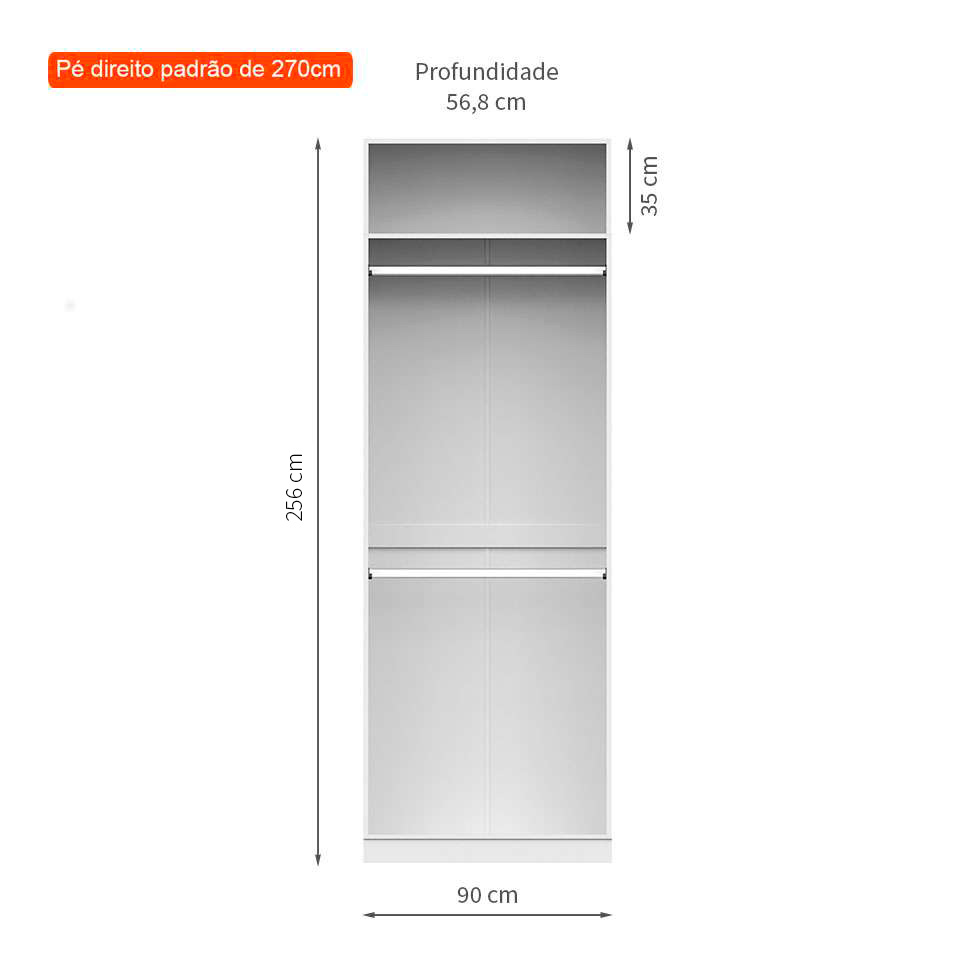 Guarda-Roupa Modulado com Maleiro e Cabideiros Tuyo 2 Portas Articuladas Branco 90 cm