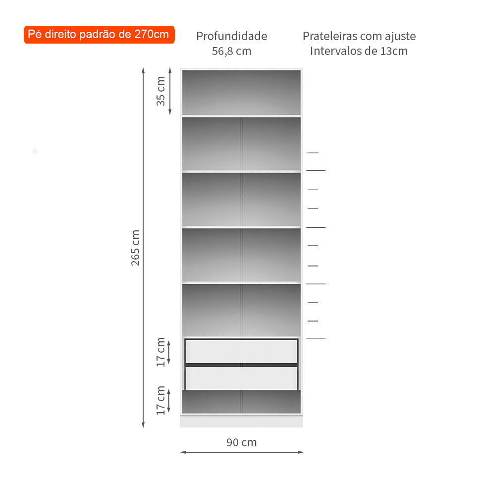 Guarda-Roupa Modulado com Maleiro e Prateleiras Tuyo 2 Portas Articuladas 2 Gavetas Branco 90 cm