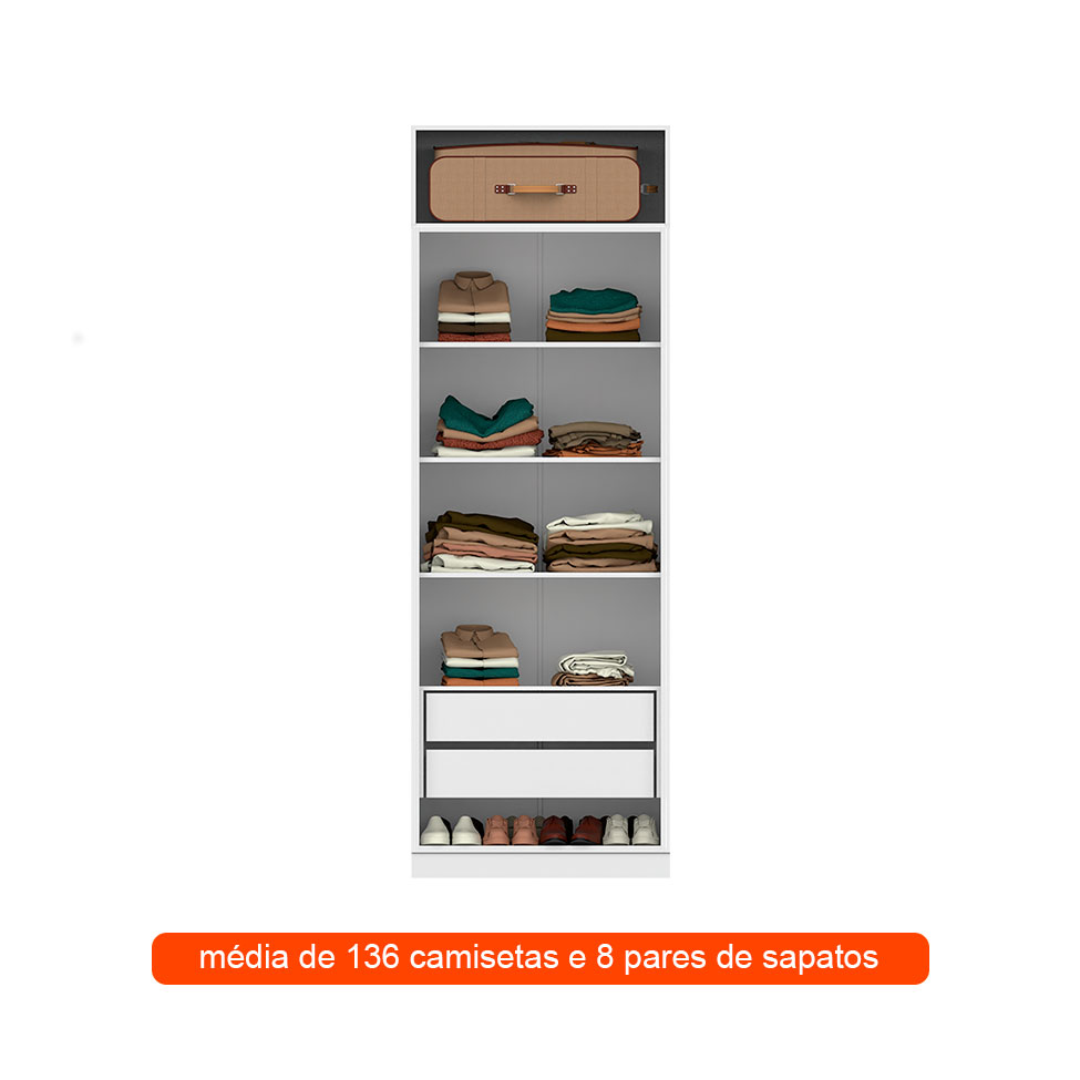 Guarda-Roupa Modulado com Maleiro e Prateleiras Tuyo 2 Portas Articuladas 2 Gavetas Branco 90 cm
