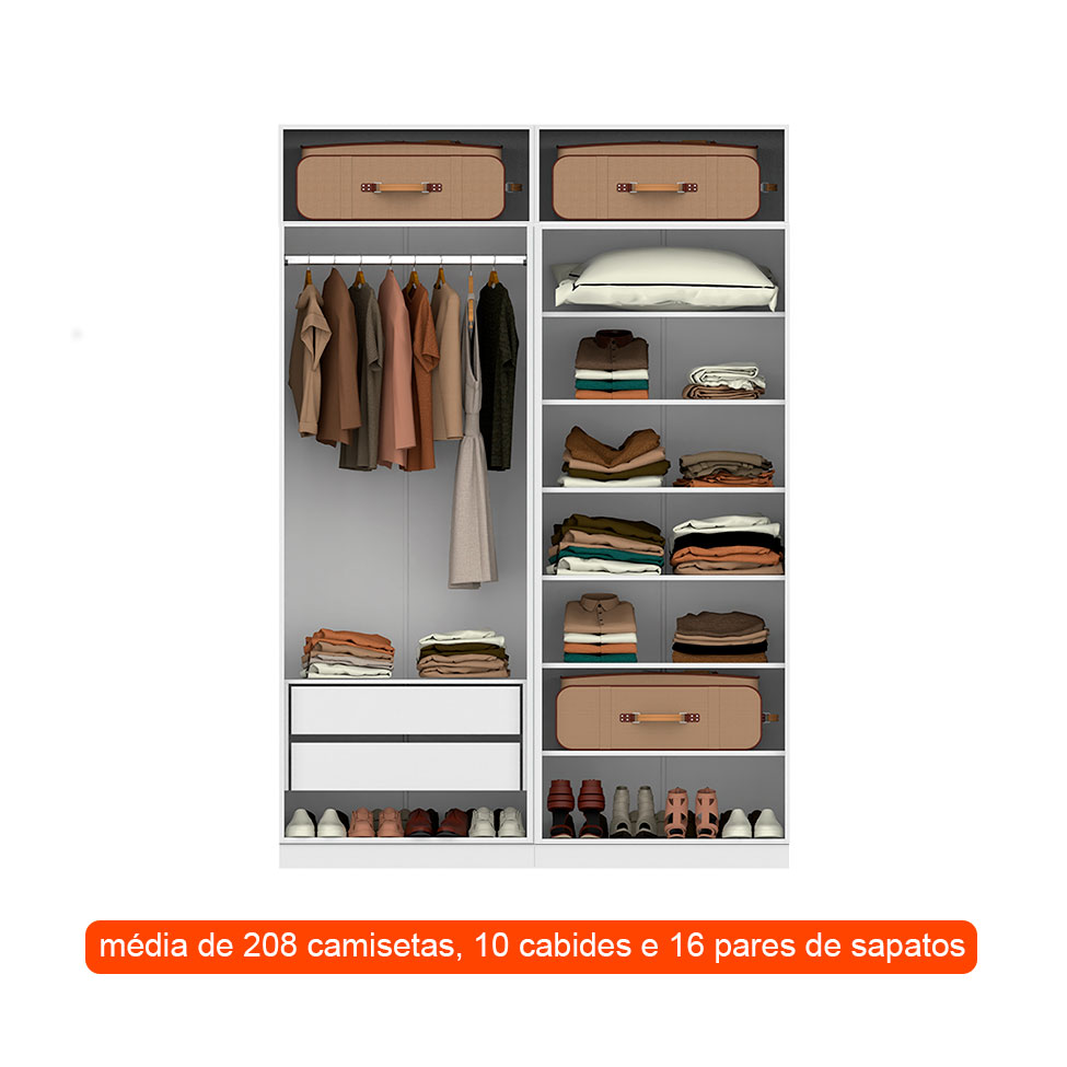 Guarda-Roupa Modulado com Maleiro, Cabideiro e Prateleiras Tuyo 4 Portas Articuladas 2 Gavetas Branco 180 cm