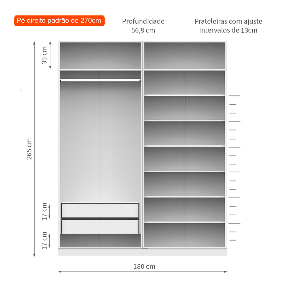 Guarda-Roupa Modulado com Maleiro, Cabideiro e Prateleiras Tuyo 4 Portas Articuladas 2 Gavetas Branco 180 cm