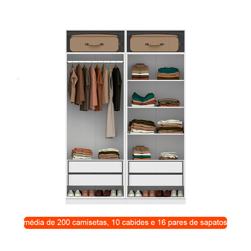 Guarda-Roupa Modulado com Maleiro, Cabideiro e Prateleiras Tuyo 4 Portas Articuladas 4 Gavetas Branco 180 cm