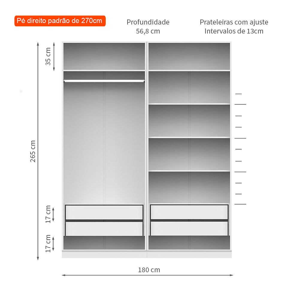 Guarda-Roupa Modulado com Maleiro, Cabideiro e Prateleiras Tuyo 4 Portas Articuladas 4 Gavetas Branco 180 cm