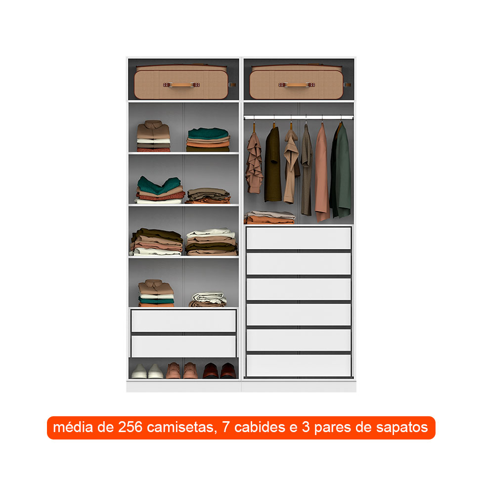 Guarda-Roupa Modulado com Maleiro, Cabideiro e Prateleiras Tuyo 4 Portas Articuladas 8 Gavetas Branco 180 cm