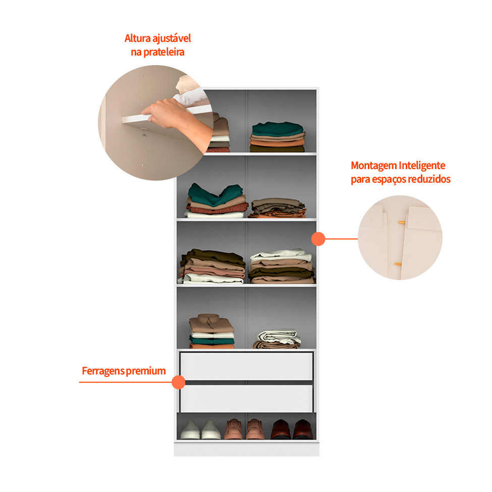 Guarda-Roupa Modulado com Maleiro, Cabideiro e Prateleiras Tuyo 4 Portas Articuladas 8 Gavetas Branco 180 cm