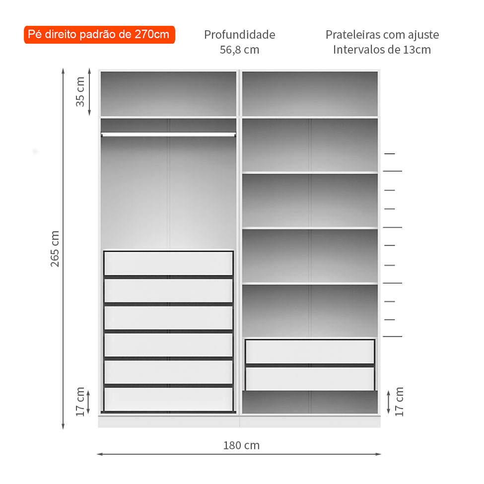 Guarda-Roupa Modulado com Maleiro, Cabideiro e Prateleiras Tuyo 4 Portas Articuladas 8 Gavetas Branco 180 cm