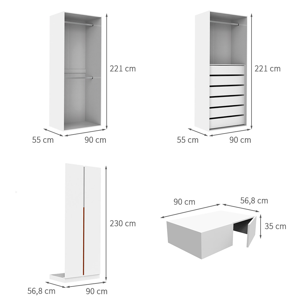 Guarda-Roupa Modulado com Maleiros e Cabideiros New Tuyo 8 Portas Articuladas 6 Gavetas Branco 180 cm