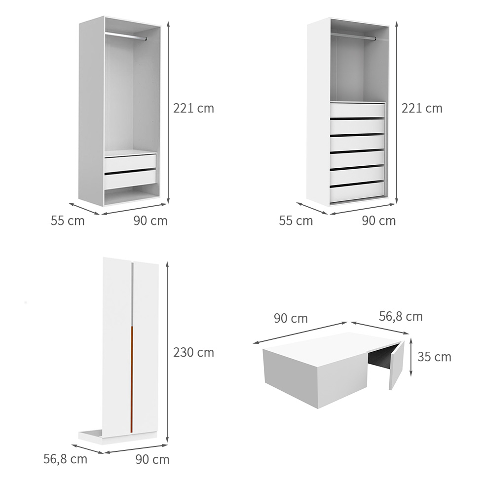Guarda-Roupa Modulado com Maleiros e Cabideiros New Tuyo 8 Portas Articuladas 8 Gavetas Branco 180 cm