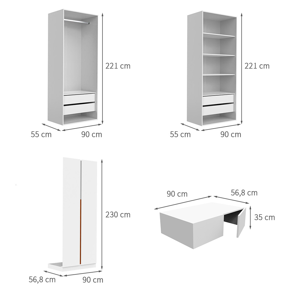 Guarda-Roupa Modulado com Maleiros, Cabideiro e Prateleiras New Tuyo 8 Portas Articuladas 4 Gavetas Branco 180 cm