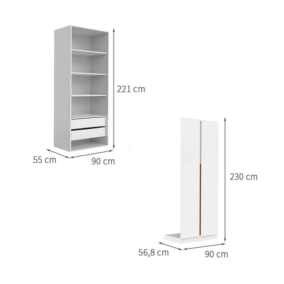 Guarda-Roupa Modulado com Prateleiras New Tuyo 2 Portas Articuladas 2 Gavetas Branco 90 cm