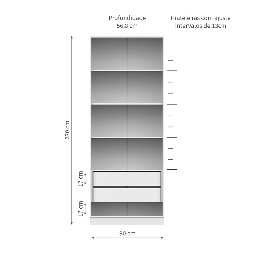 Guarda-Roupa Modulado com Prateleiras Tuyo 2 Portas Articuladas 2 Gavetas Branco 90 cm