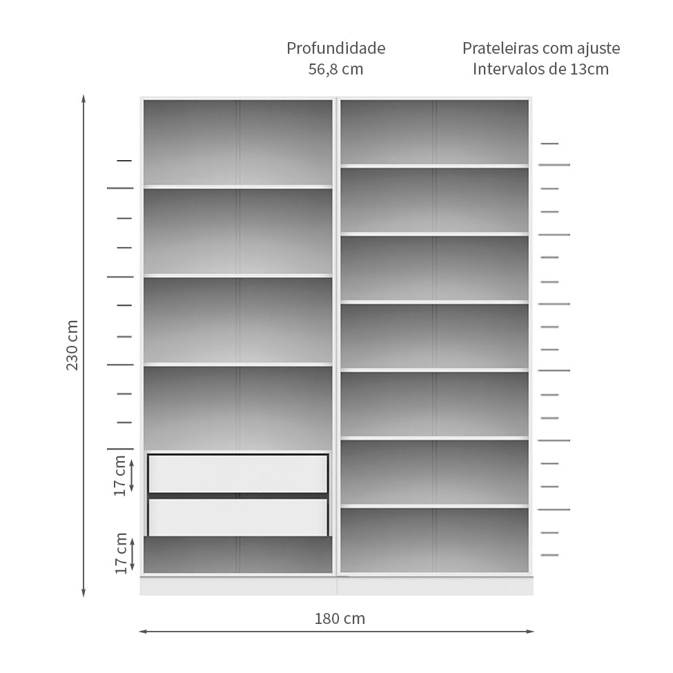 Guarda-Roupa Modulado com Prateleiras Tuyo 4 Portas Articuladas 2 Gavetas Branco 180 cm