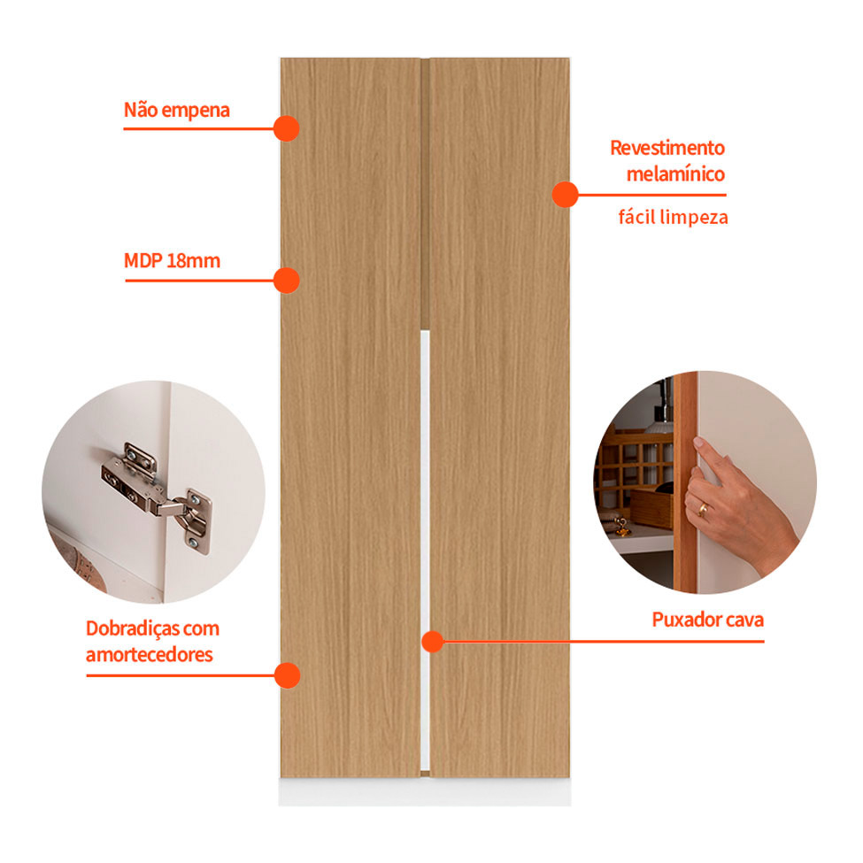 Kit 2 Portas Articuladas para Módulo New Tuyo com Rodapé Branco e Itapuã 90 cm