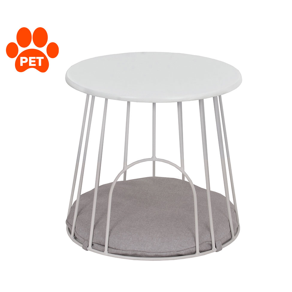 Mesa Lateral Redonda Toca para Pet Branca e Cinza