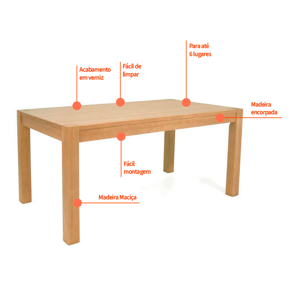 Mesa de Jantar Retangular Macaúba Madeira Maciça Amêndoa 160 cm