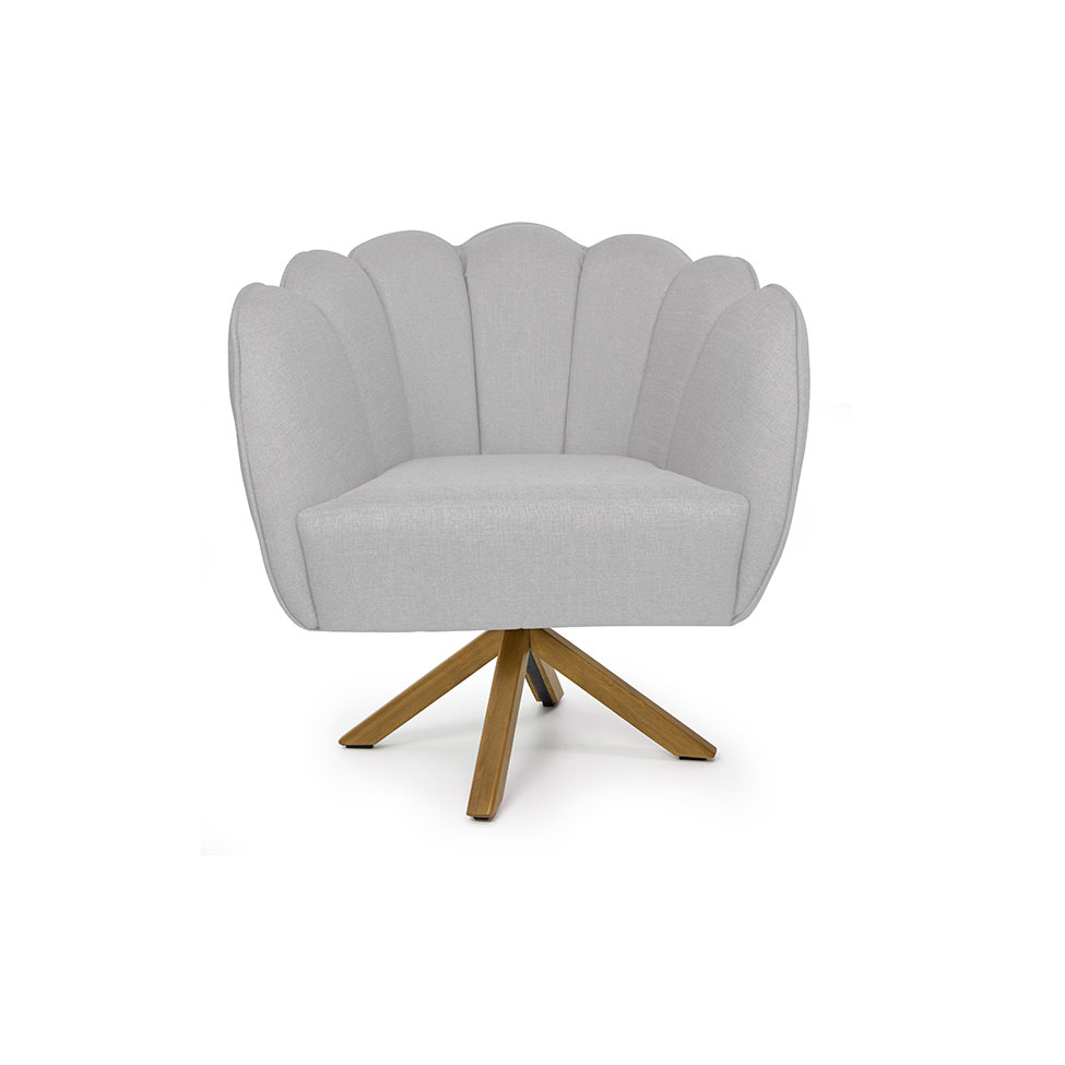 Poltrona Ariel Giratória Linho Creme e Madeira