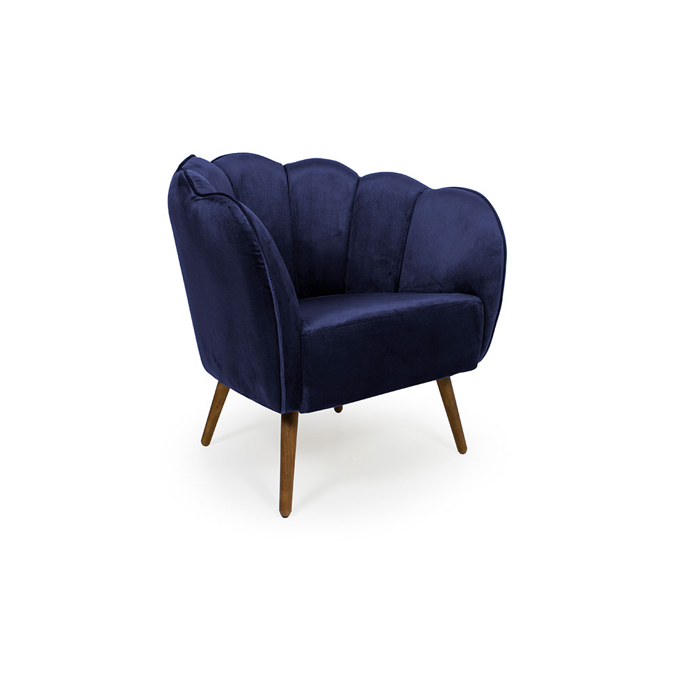 Poltrona Ariel Pé Palito Suede Marinho e Madeira
