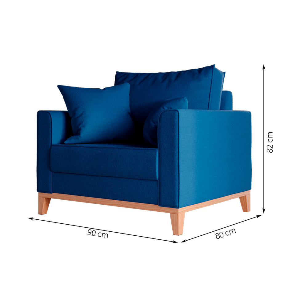 Poltrona Beny Pés e Base em Madeira Linho Cotton Azul Marinho