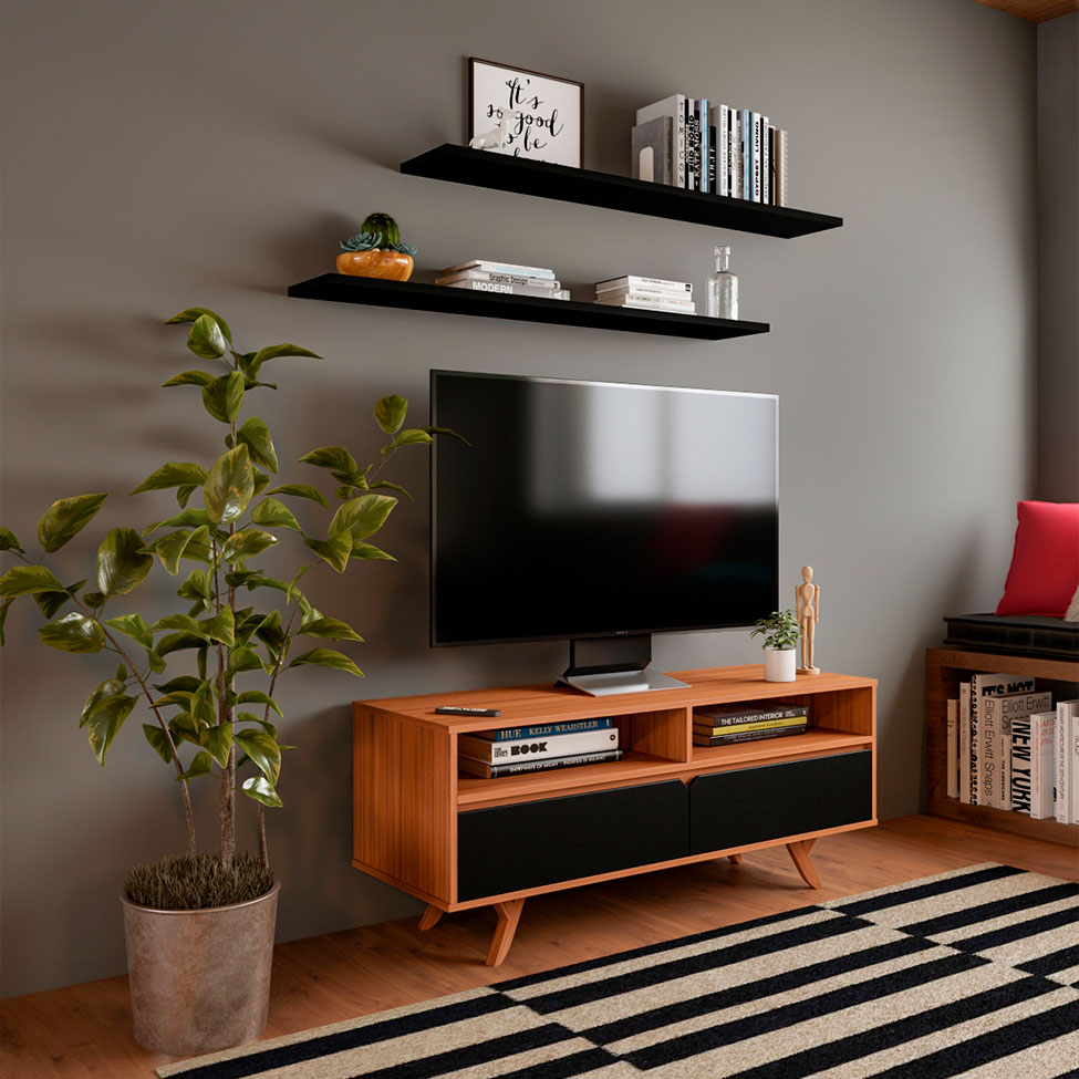 Rack Ipiranga Madeira Maciça Amêndoa e Preto 120 cm