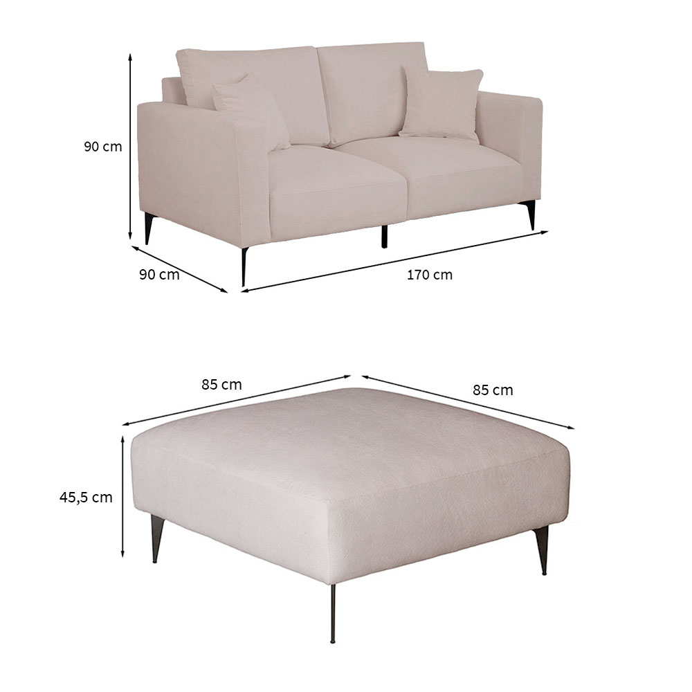 Sofá 2 Lugares com Molas Ensacadas 170 cm e Puff Unne Bouclé Bege