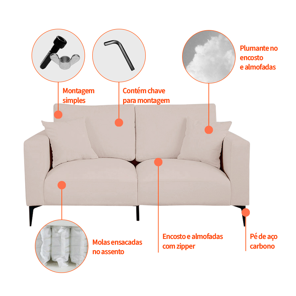 Sofá 2 Lugares com Molas Ensacadas 170 cm e Puff Unne Bouclé Bege