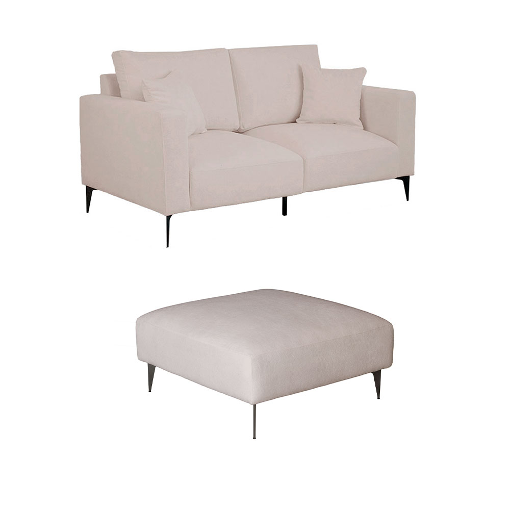 Sofá 2 Lugares com Molas Ensacadas 170 cm e Puff Unne Bouclé Bege