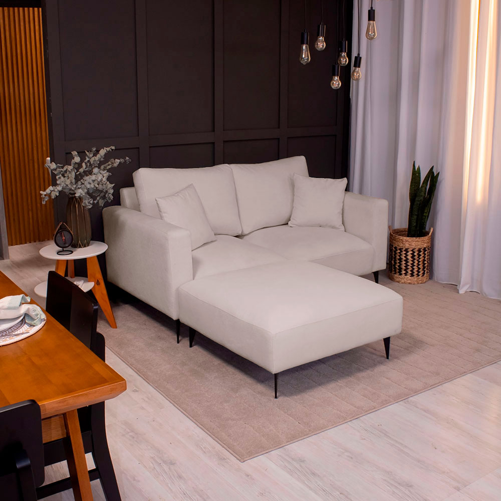 Sofá 2 Lugares com Molas Ensacadas 170 cm e Puff Unne Bouclé Bege