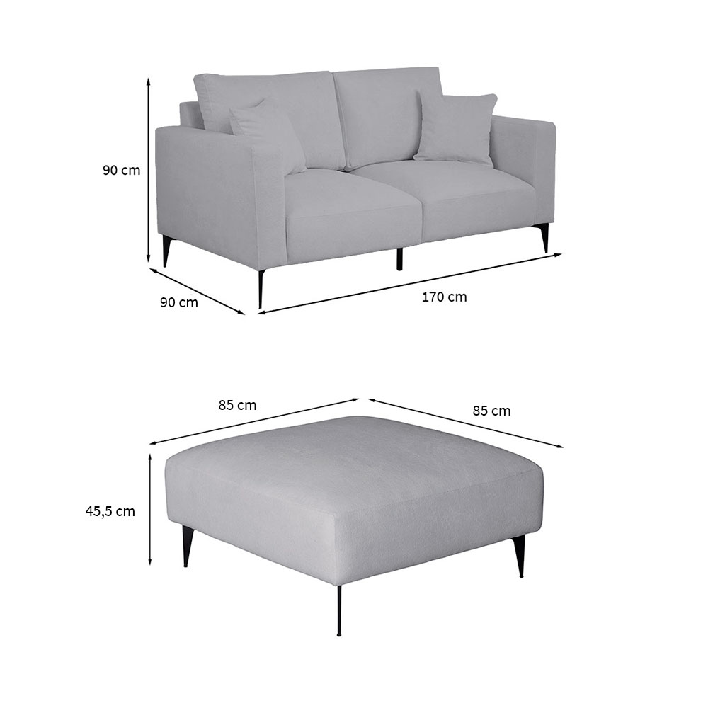 Sofá 2 Lugares com Molas Ensacadas 170 cm e Puff Unne Bouclé Cinza